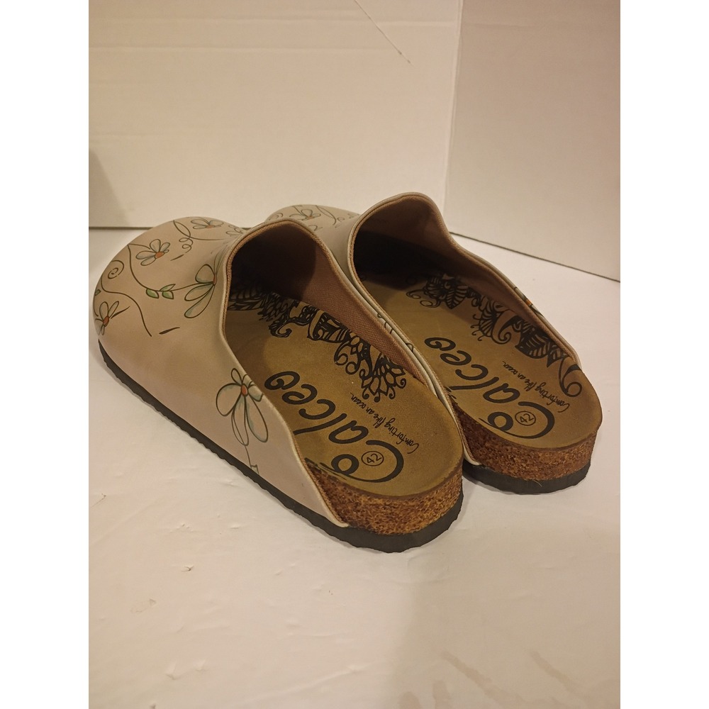 Calceo Women Beige Floral Daisy Print Cork Footbed Mule Clogs Size 42 - Picture 2 of 8
